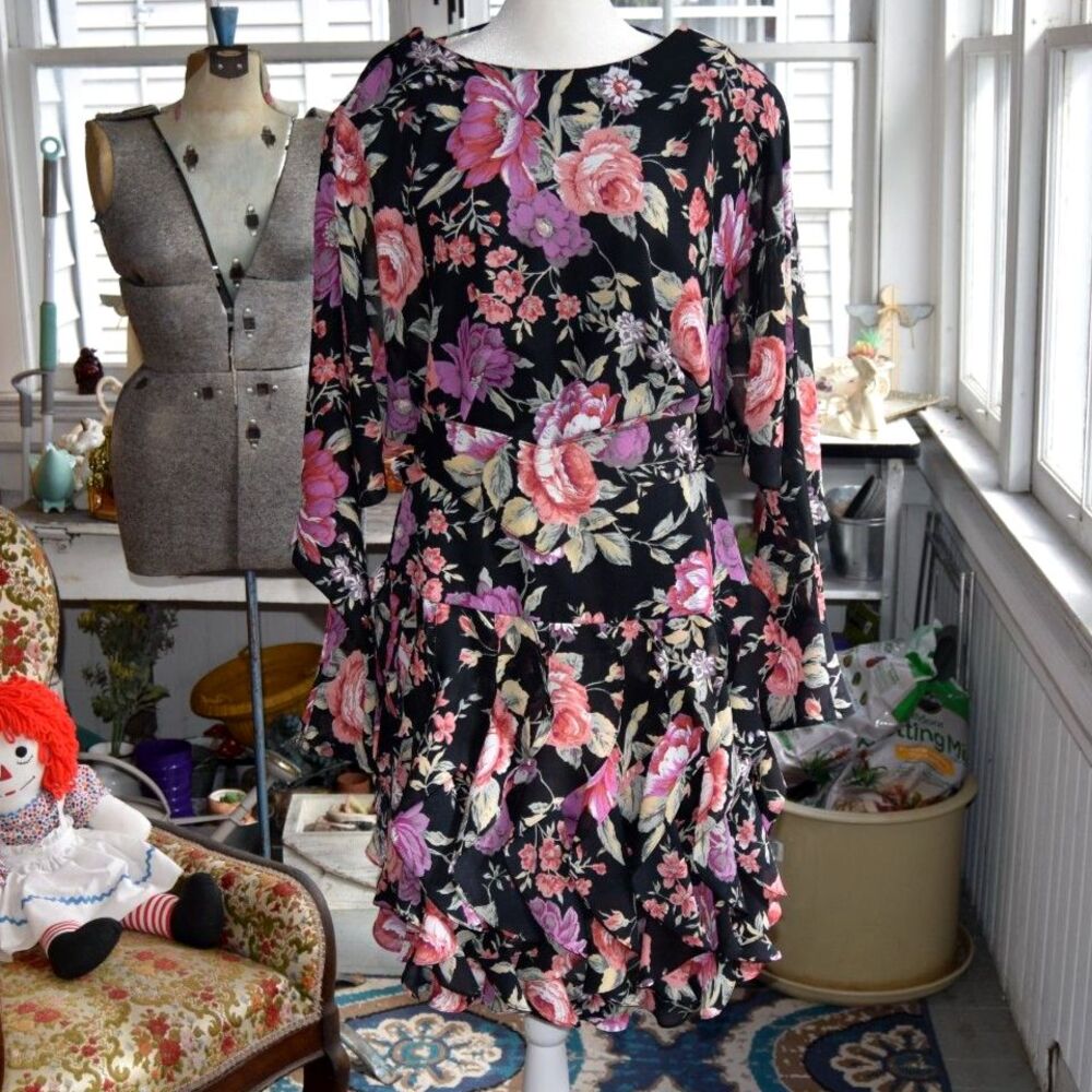Vintage 90s Ashlee California Floral Dress Faux Wrap Ruffle Hem USA Sz 12